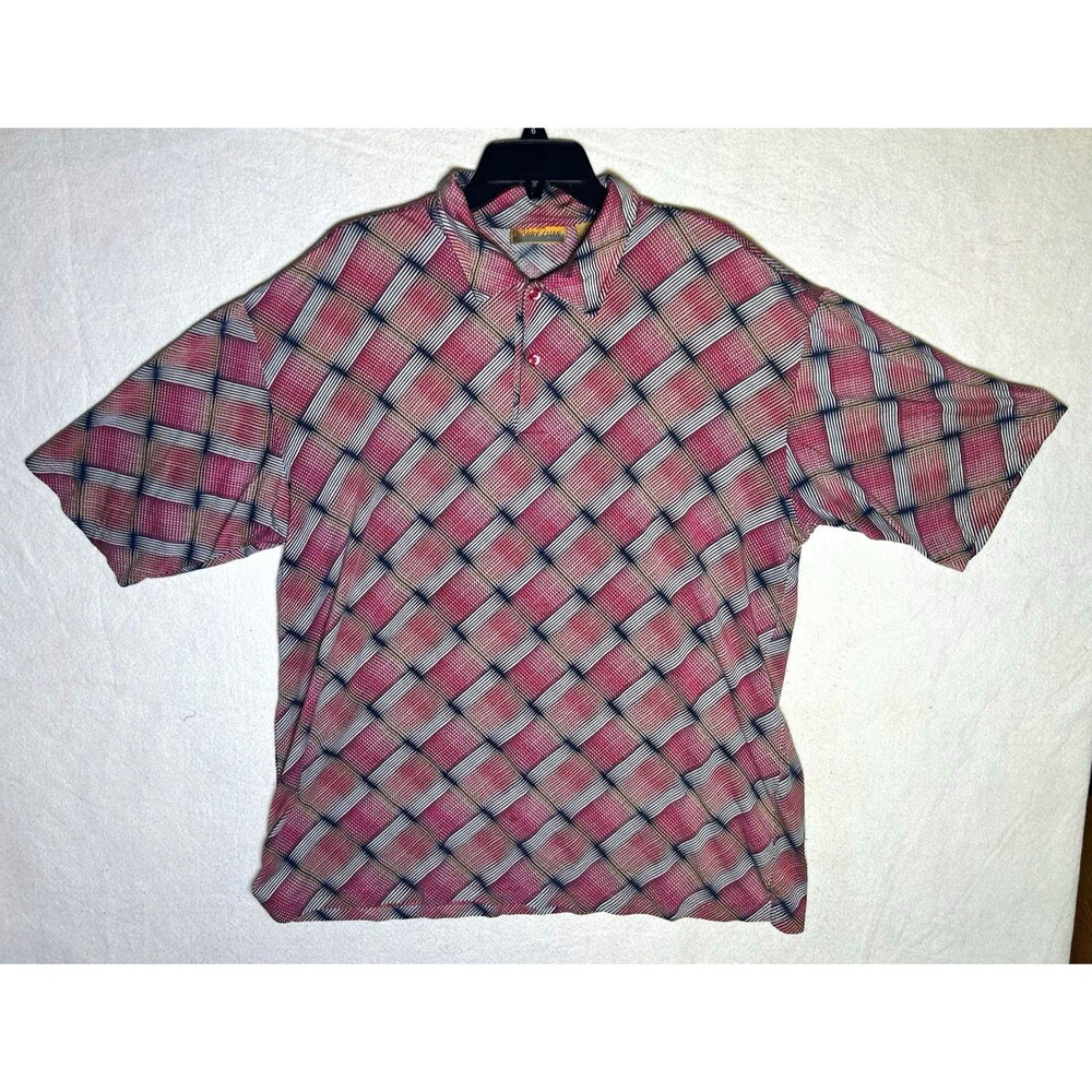 Bobby Chan Men's XL Pink/Gray/Navy Plaid Silk / Cotton Short Sleeve Polo Shirt